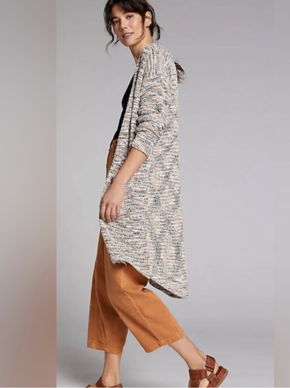 Pilcro Cream and Tan Open-Front heathered Long Cardigan duster boho lagenlook